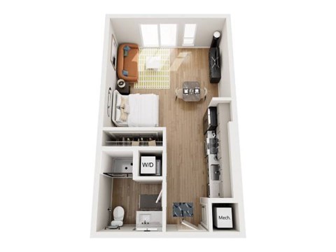 A top down view of a small apartment with a kitchen, living room, and bathroom.