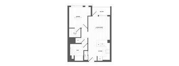 A floor plan of an apartment with a living room, dining room, kitchen, bathroom, and bedroom.