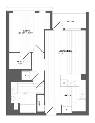 A floor plan of an apartment with a living room, dining room, kitchen, bathroom, and bedroom.
