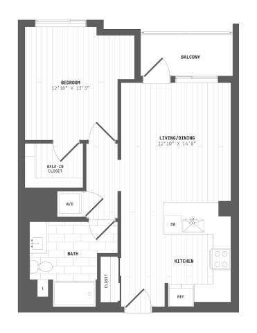 A floor plan of a house with a living room, dining room, kitchen, bath, and closet.