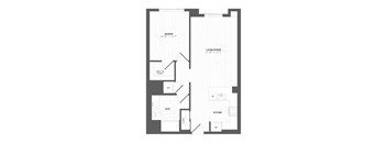 A floor plan of a house with a bedroom, living/dining area, kitchen, bath, and closet.