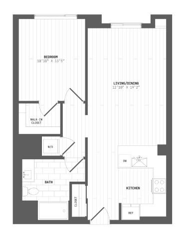 A floor plan of a house with a bedroom, living/dining area, kitchen, bath, and closet.