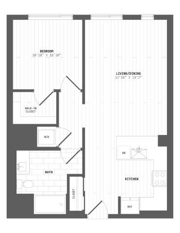 A floor plan of a house with a bedroom, living room, kitchen, bathroom, and walk-in closet.