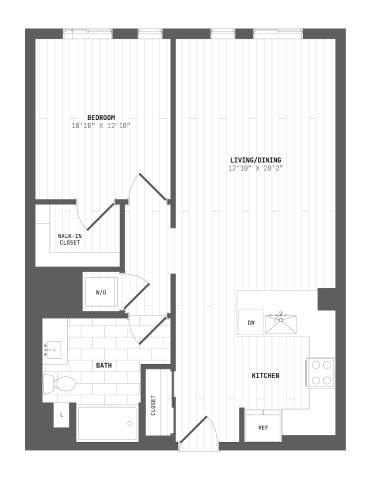 A floor plan of a house with a living room, kitchen, bathroom, and closet.