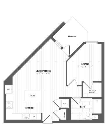 A floor plan of a house with a balcony, living/dining area, kitchen, bath, and bedroom.
