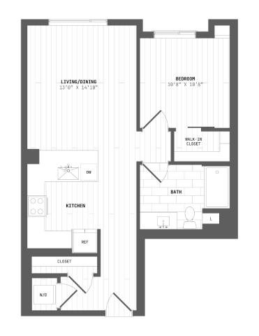 A black and white floor plan of a house with a living room, dining room, kitchen, bedroom, bathroom, and closet.