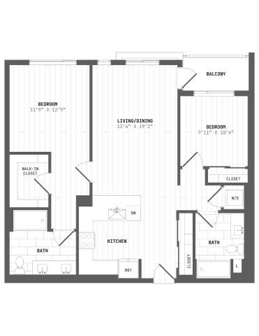 A black and white floor plan of a two-bedroom apartment.