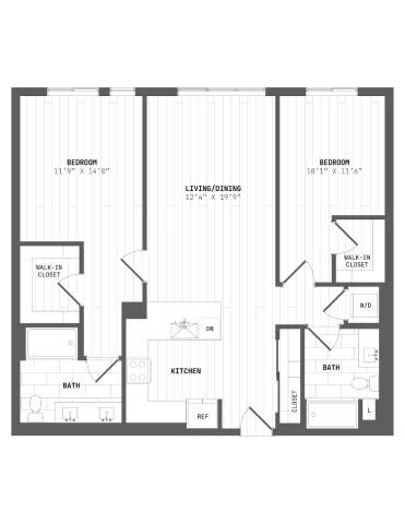 A black and white floor plan of a house with three bedrooms, a living/dining area, a kitchen, two bathrooms, and a walk-in closet.