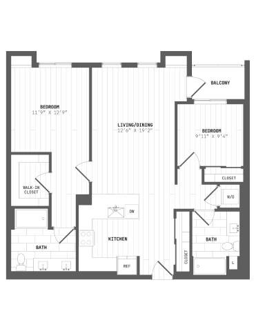 A black and white floor plan of a house with a balcony, two bedrooms, a living/dining room, a kitchen, a bath, a hallway closet, and a guest room.