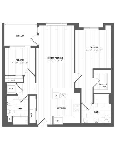 A black and white floor plan of an apartment with a balcony, two bedrooms, a living room, a kitchen, two bathrooms, and a back-in closet.