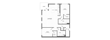 A black and white image of a house floor plan with a balcony, two bedrooms, a living/dining area, a kitchen, and two bathrooms.