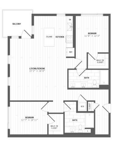 A black and white image of a house floor plan with a balcony, two bedrooms, a living/dining area, a kitchen, and two bathrooms.