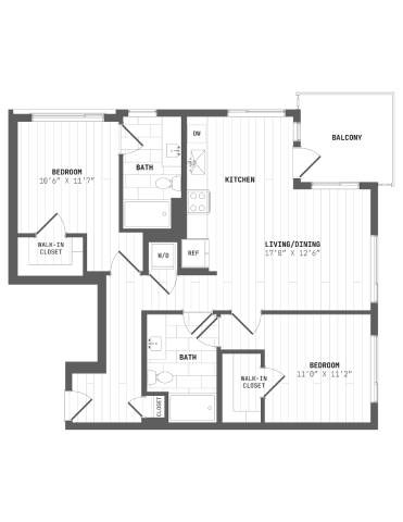 A black and white image of a house floor plan with a balcony.