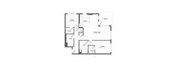 A floor plan of a house with a balcony, two bathrooms, and a kitchen.