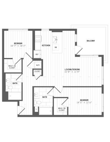 A floor plan of a house with a balcony, two bathrooms, and a kitchen.
