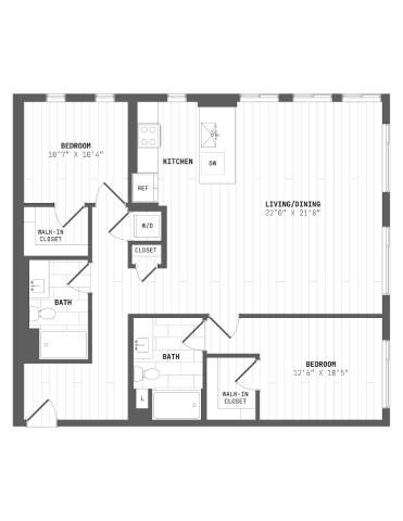 A floor plan of a house with a living room, two bedrooms, a bathroom, a kitchen, a hallway, a closet, and a laundry room.