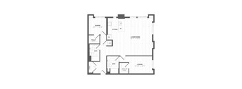 A black and white floor plan of a house with two bedrooms, a living/dining area, a kitchen, two bathrooms, and a hallway closet.