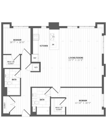 A black and white floor plan of a house with two bedrooms, a living/dining area, a kitchen, two bathrooms, and a hallway closet.