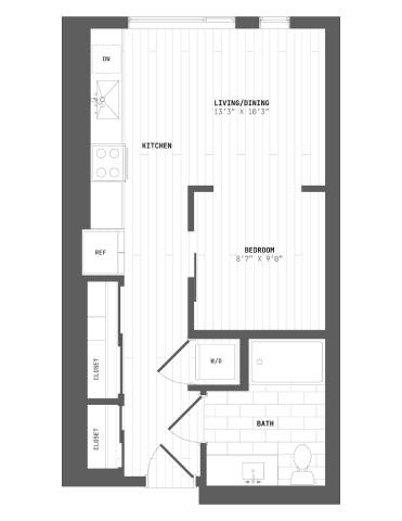 A floor plan of a house with a living/dining area, kitchen, bedroom, bathroom, and two closets.