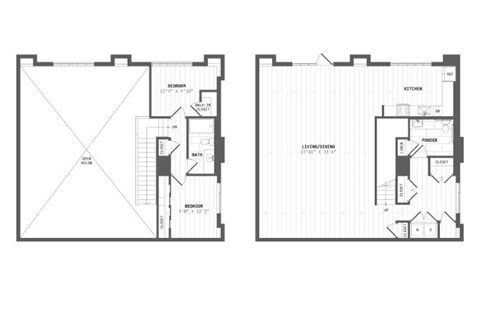 A floor plan of a house with two bedrooms, a living room, a kitchen, and a bathroom.