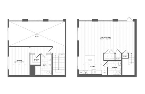 Two black and white floor plans of a house with a garage and a loft.
