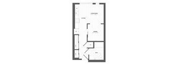 A floor plan of a small apartment with a living/dining area, kitchen, bedroom, bathroom, and two closets.