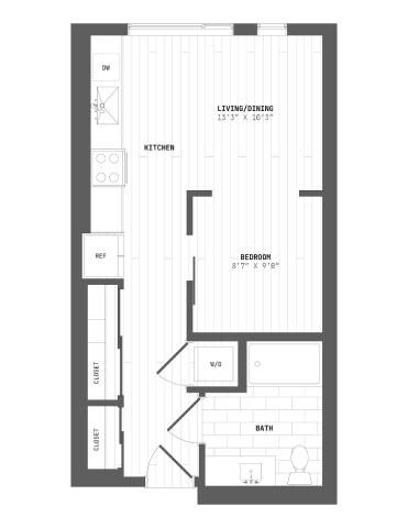 A floor plan of a small apartment with a living/dining area, kitchen, bedroom, bathroom, and two closets.