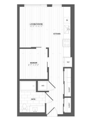 A floor plan of a small apartment with a living room, kitchen, bedroom, and bathroom.