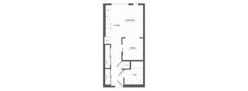 A floor plan of a home with a living/dining area, kitchen, and bathroom.