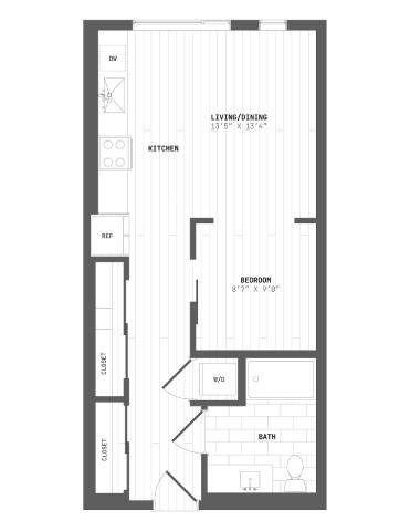 A floor plan of a home with a living/dining area, kitchen, and bathroom.