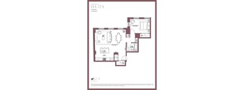 A floor plan of apartment 14A, which includes a living room, two bedrooms, a bathroom, and a kitchen.