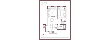 A floor plan of a residence showing a living room, dining room, kitchen, and two bedrooms.