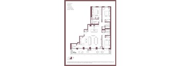 A floor plan of a residence from 1800 showing 2 bedrooms, 3 bathrooms, and a private terrace.