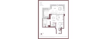 A floor plan of a 2-bedroom, 1-bathroom apartment with a private terrace.