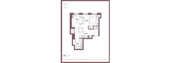 A floor plan of a studio apartment with a kitchen, living room, and bathroom.
