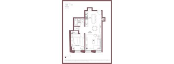 A floor plan of a residence showing a living room, dining room, kitchen, and two bedrooms.