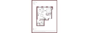 A floor plan of a studio apartment with a kitchen, living room, and bathroom.