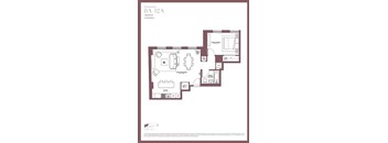 A floor plan of a 1 bedroom, 1 bathroom apartment.
