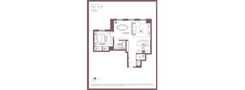 A floor plan of a 1 bedroom, 1 bathroom apartment.