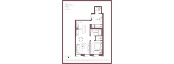 A floor plan of a residence showing a bedroom, home office, and living room.
