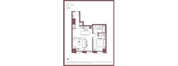 A floor plan of a 8 by 12 feet room with a living room, dining room, kitchen, and two bathrooms.