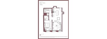 A floor plan of an apartment with 2 bedrooms and 2 bathrooms.