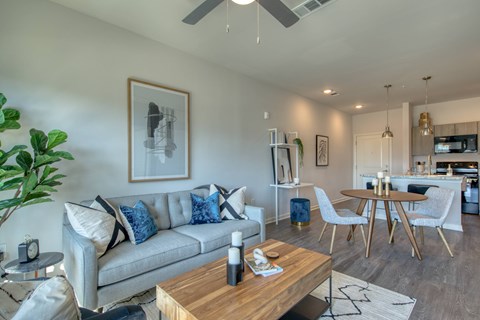 A living room with a grey couch and a wooden coffee table.