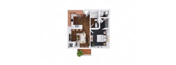 A top down view of a house with a kitchen, living room, and bedroom.