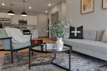 A modern living room with a grey couch, a coffee table, and a kitchen in the background.