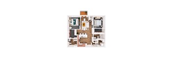 A 3D floor plan of a small apartment with a kitchen, living room, and two bedrooms.
