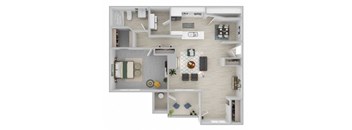 A top-down view of a small apartment with a kitchen, living room, and bathroom.