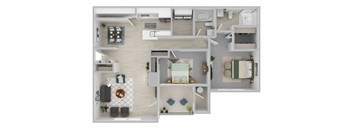 A top-down view of a house layout with a kitchen, living room, and bedrooms.