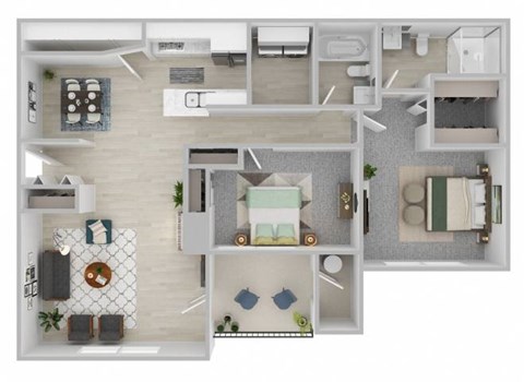 A top-down view of a house layout with a kitchen, living room, and bedrooms.