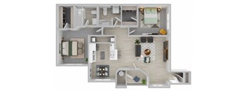 A 3D floor plan of a house showing a kitchen, living room, and two bedrooms.